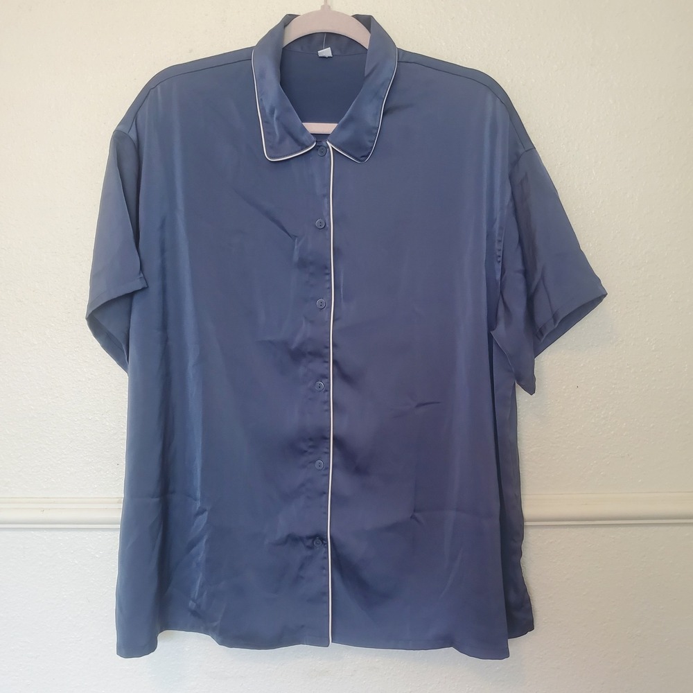 Uniqlo Navy Blue Satin Short Sleeve Pajama Top Button Down XL 445893